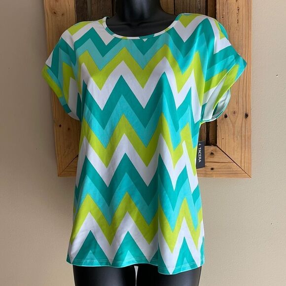 NWT Tacera Chevron Pattern Short Sleeve Blouse Teal White Lime Green Size Small - Picture 1 of 12